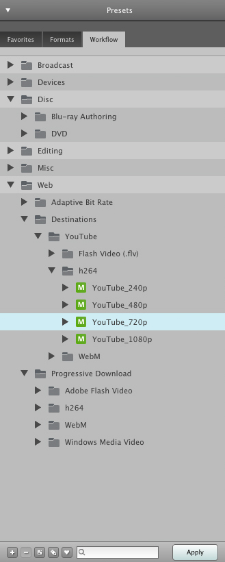 Пресеты YouTube H.264 240p–1080p в категории Web Sorenson Squeeze