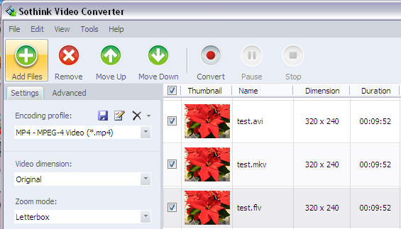 Главное окно Sothink Video Converter с добавленными файлами и панелью управления очередью