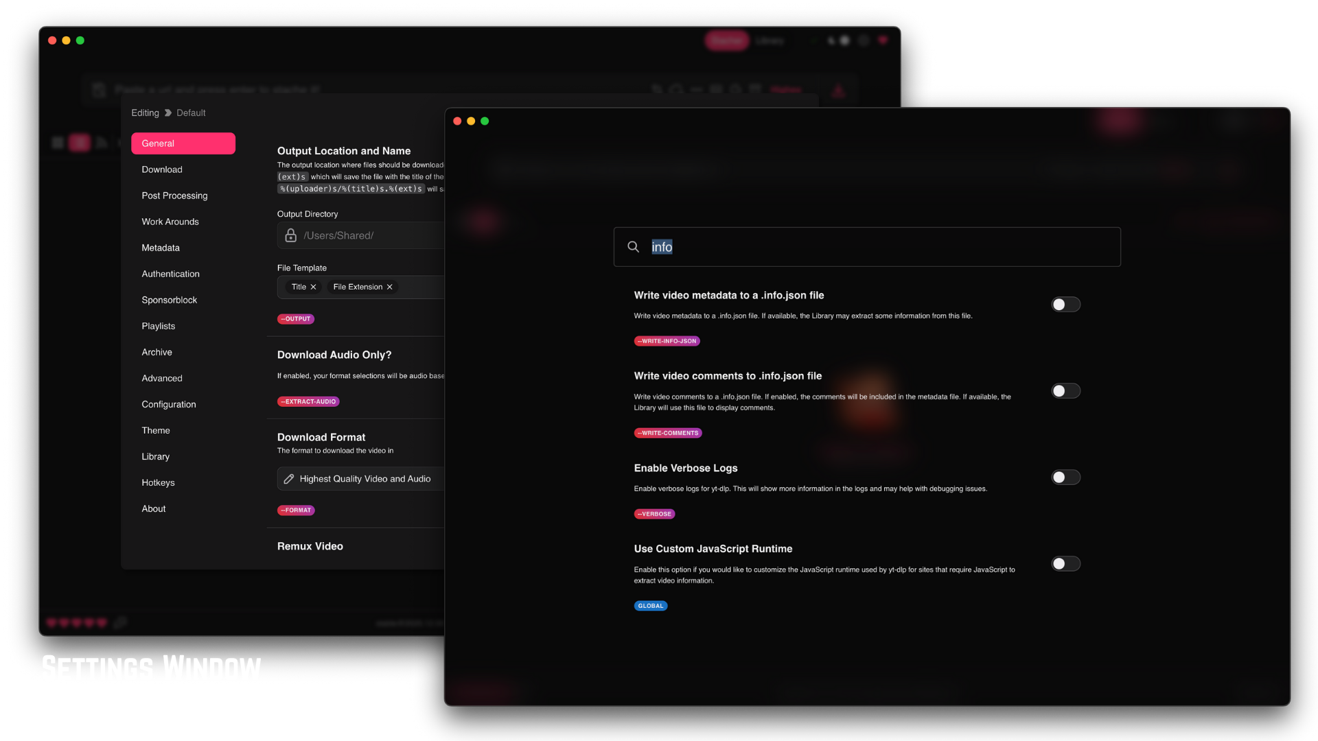 Окно настроек Stacher7 с категориями General, Download, Post Processing, Metadata и Advanced