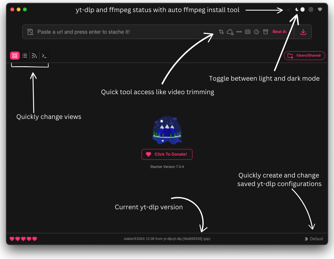Аннотированное главное окно Stacher7 с быстрыми инструментами, индикатором FFmpeg и переключателем конфигураций