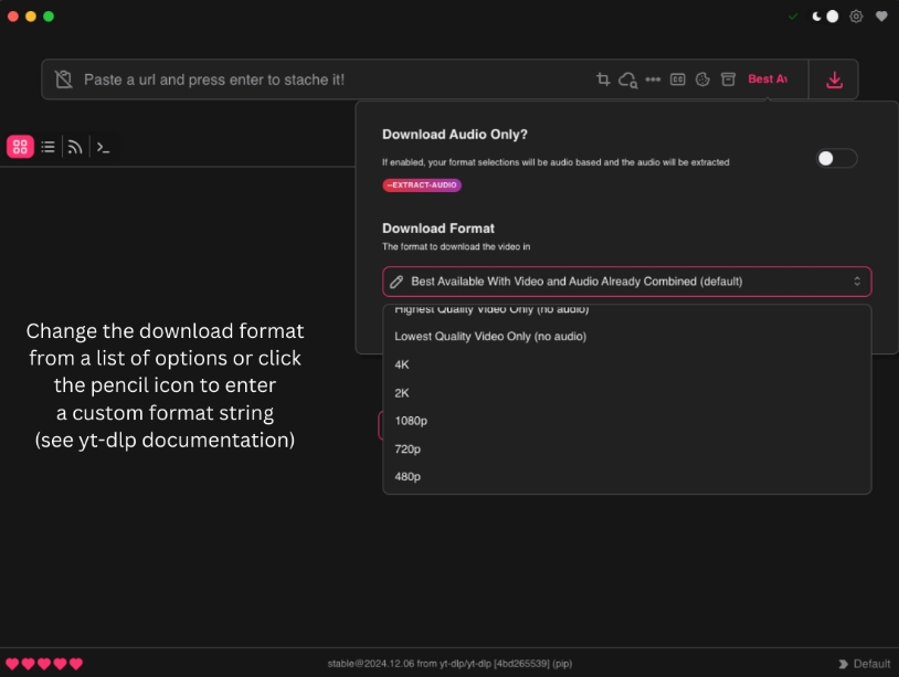 Панель Download Format в Stacher с вариантами качества и пользовательской строкой формата yt-dlp