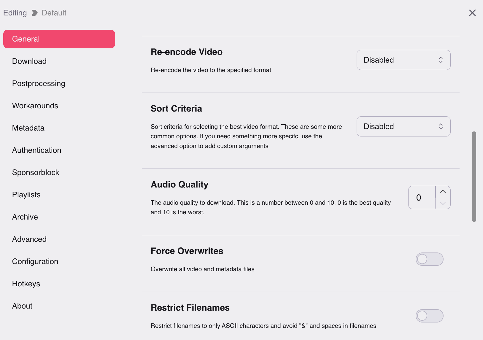 Настройки Stacher с параметрами Re-encode Video, Sort Criteria, Audio Quality и Restrict Filenames
