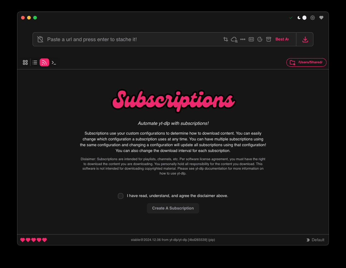 Экран Subscriptions Stacher с пояснением автоматической загрузки каналов и плейлистов