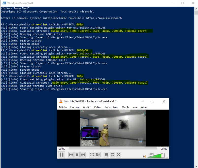 PowerShell с несколькими запусками Streamlink в разных качествах и окном VLC