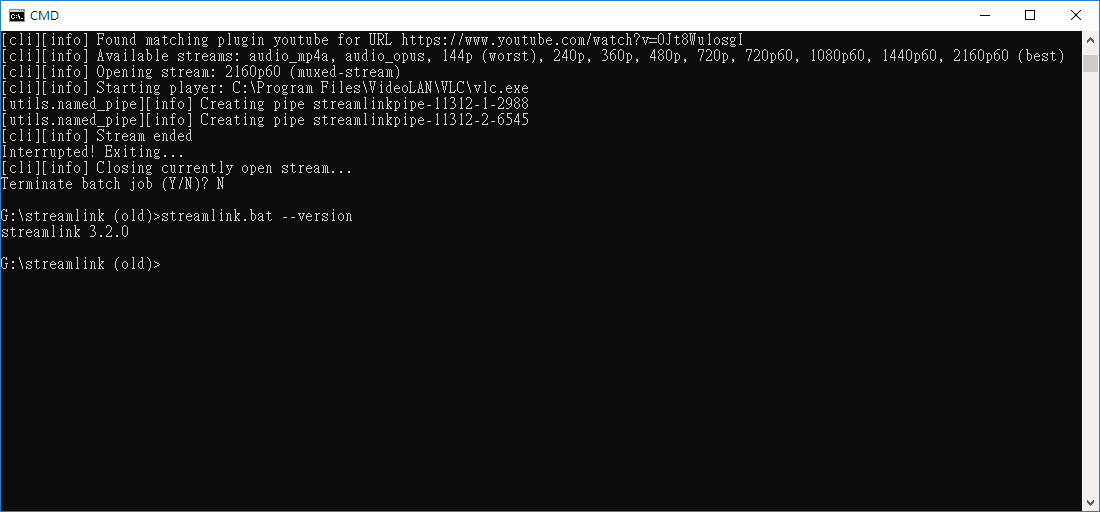 Windows CMD со Streamlink, YouTube-потоком 2160p60 и muxed-stream