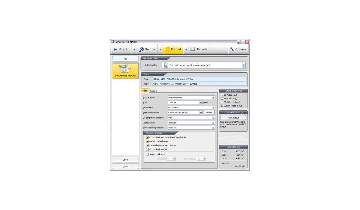 Настройки DVD-совместимого MPEG-2 в TMPGEnc XPress