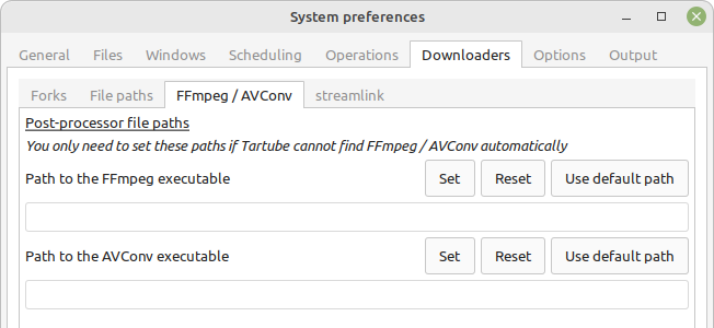 Настройки путей к FFmpeg и AVConv