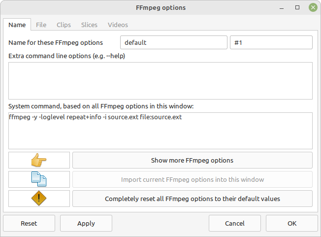 Окно параметров FFmpeg в Tartube