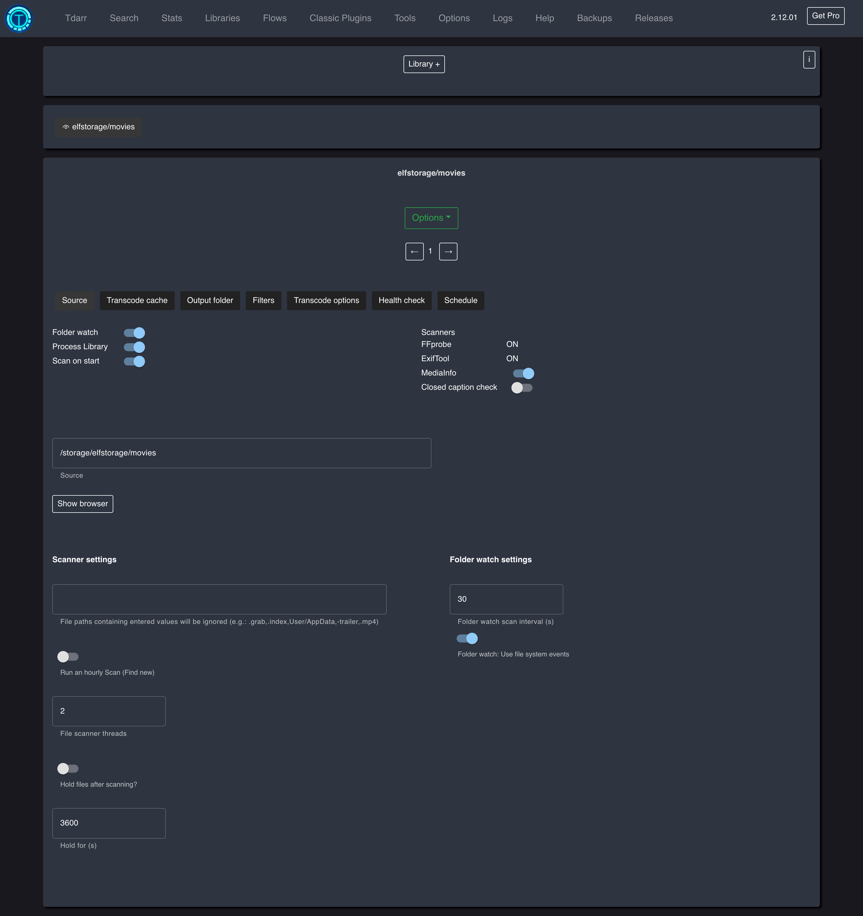 Настройки Source библиотеки Tdarr с параметрами сканера и Folder Watch