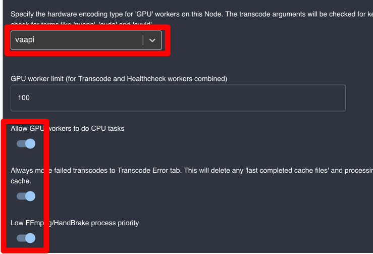 Настройки GPU Node Tdarr с выбором VAAPI и параметрами воркеров
