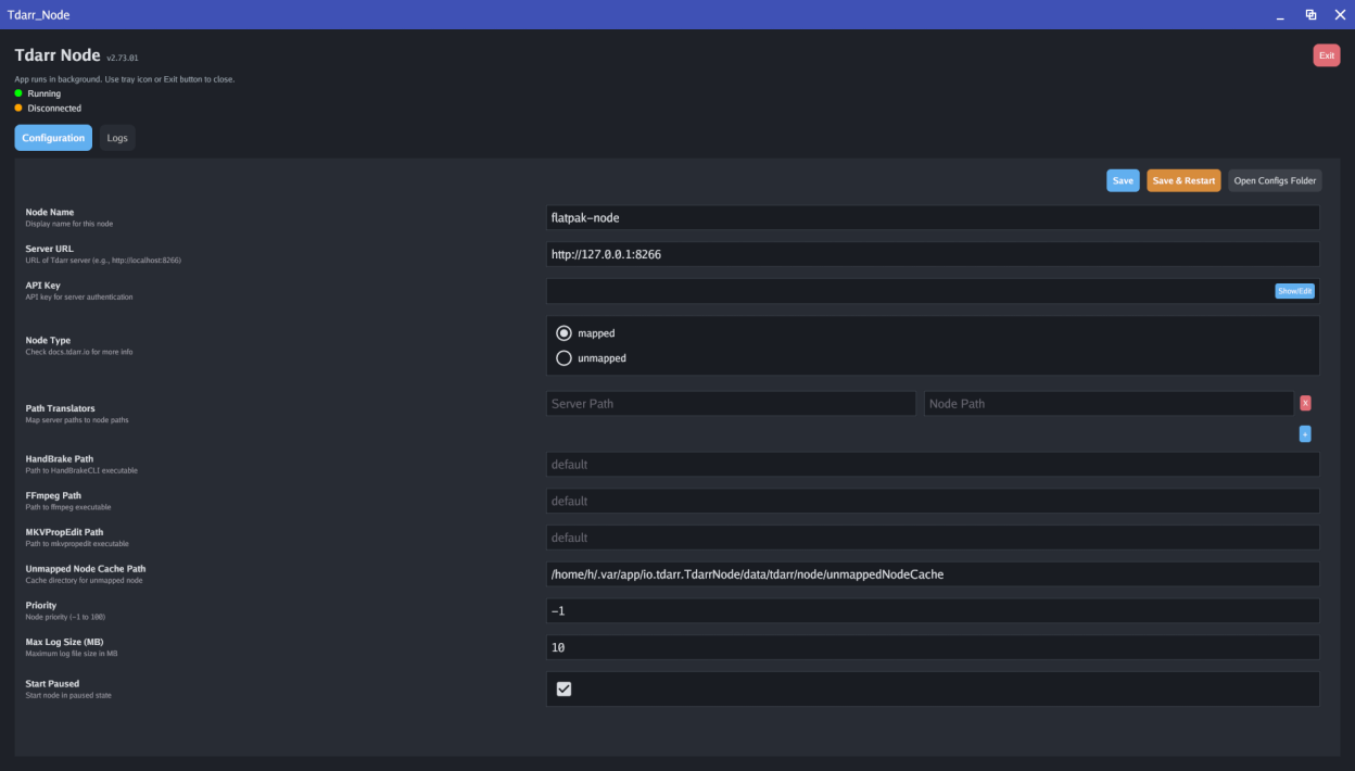 Конфигурация Tdarr Node с адресом сервера, типом узла и Path Translators