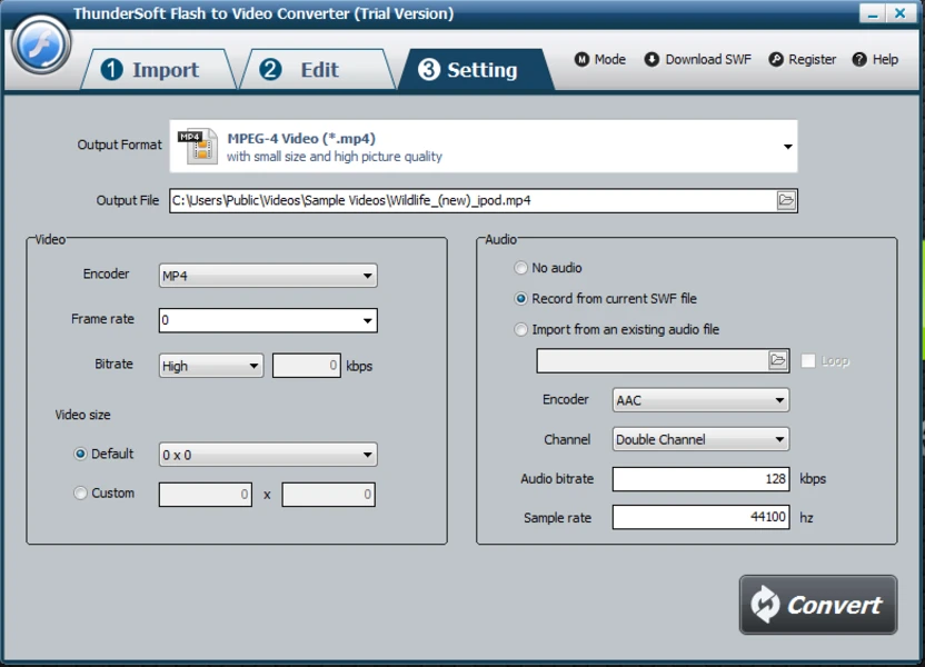 ThunderSoft Flash to Video Converter — вкладка Setting с параметрами MP4, видео и аудио