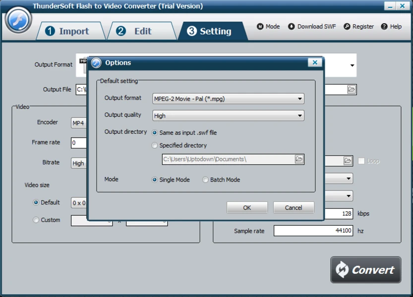 ThunderSoft Flash to Video Converter — окно Options с выбором Single Mode и Batch Mode