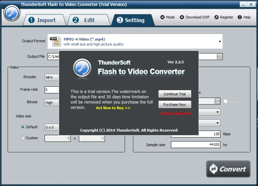 ThunderSoft Flash to Video Converter — окно trial с ограничениями пробного режима