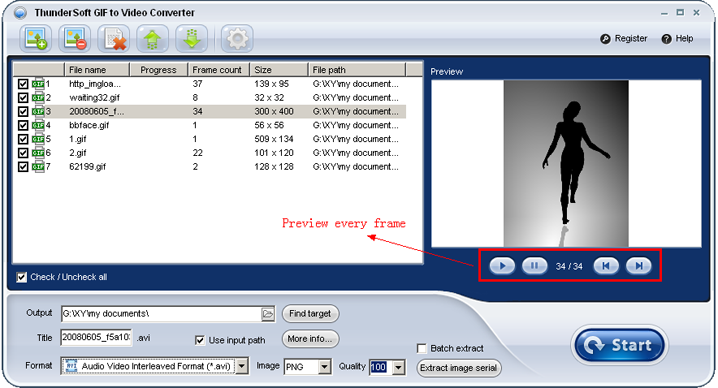 Покадровый Preview в ThunderSoft GIF to Video Converter