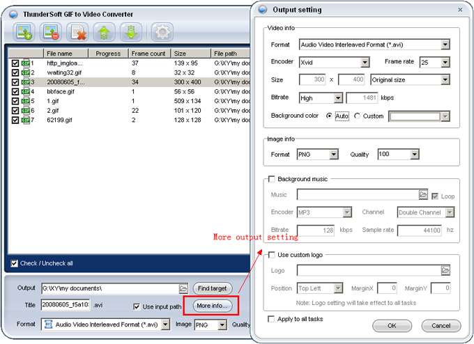 Окно Output setting с параметрами видео, музыки и логотипа