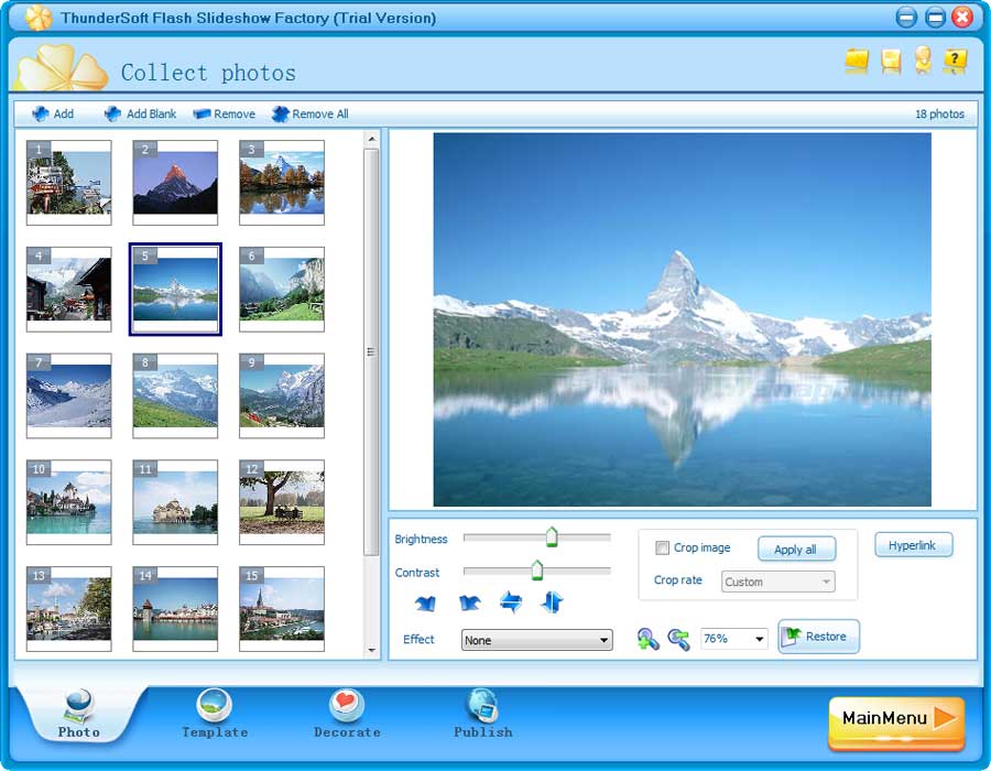 ThunderSoft Slideshow Factory: вкладка Photo с добавленными фотографиями и настройками яркости, контраста и кадрирования