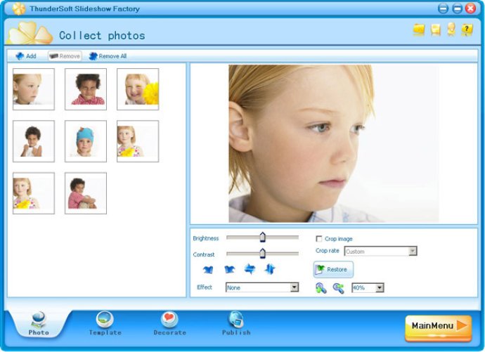 ThunderSoft Slideshow Factory: экран Collect photos с миниатюрами и базовой коррекцией выбранного снимка