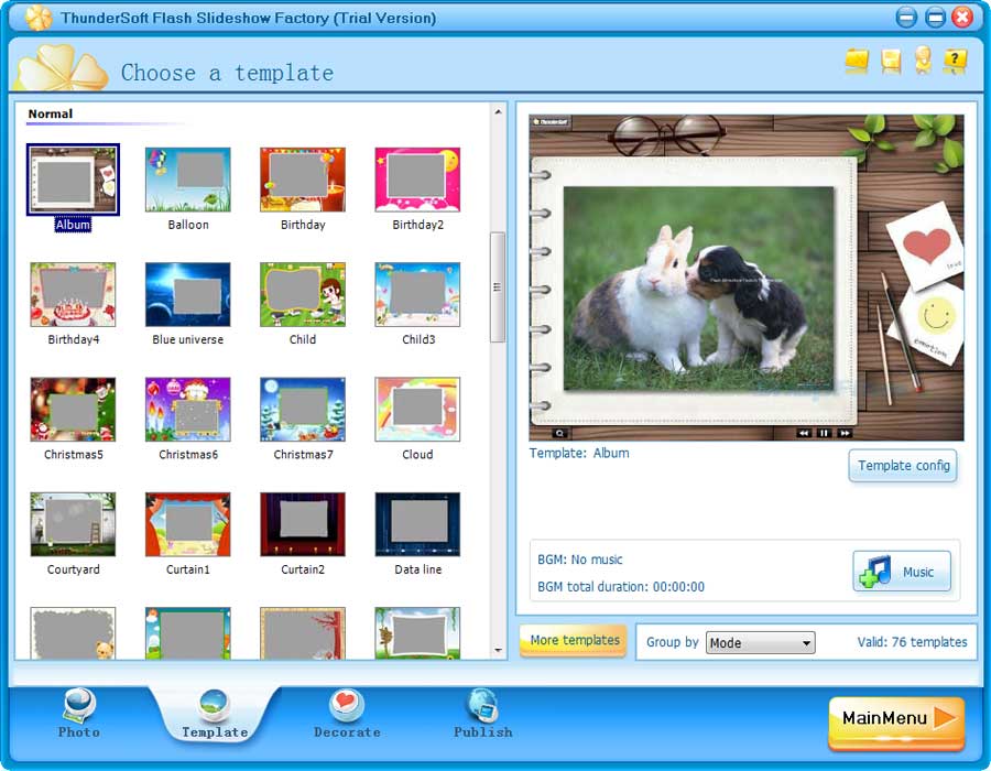 ThunderSoft Slideshow Factory: вкладка Template с выбором шаблона Album, предпросмотром и кнопкой Music