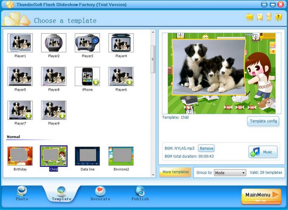 ThunderSoft Slideshow Factory: выбор шаблона Child и фоновая музыка на вкладке Template
