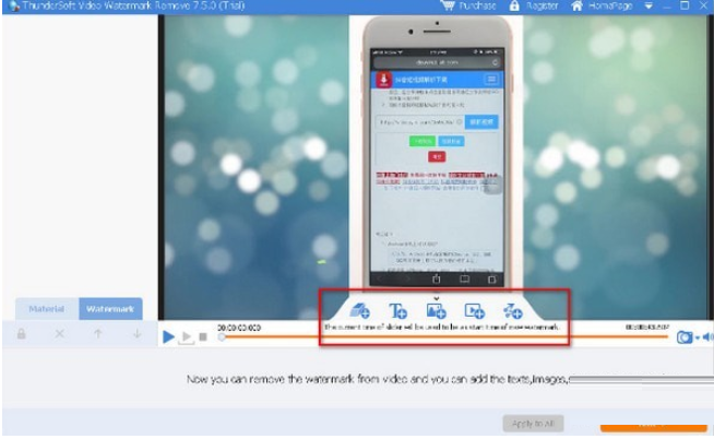 Главное окно ThunderSoft Video Watermark Remove с панелью операций с водяными знаками