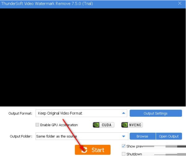 Экран вывода ThunderSoft Video Watermark Remove с Keep Original Video Format, CUDA, NVENC и Start