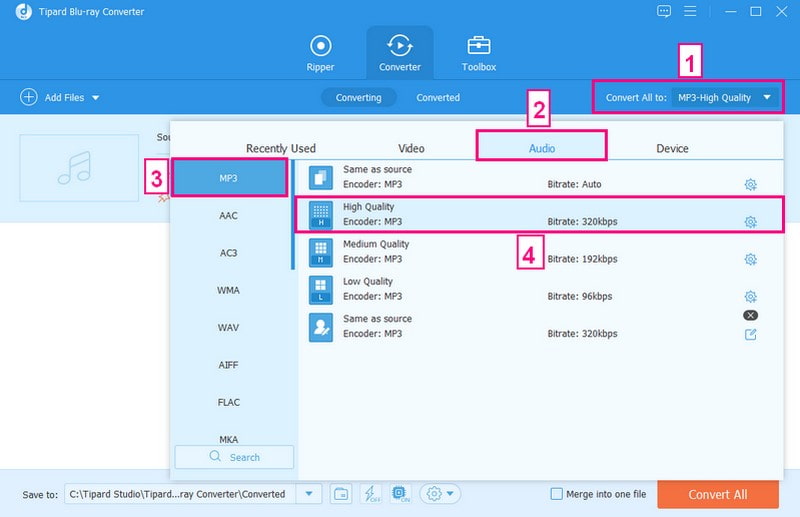 Выбор аудиоформата и качества в разделе Converter