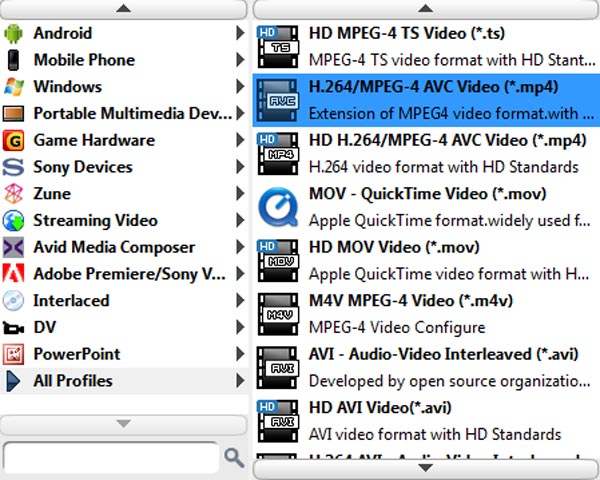 Выбор формата MP4 в Tipard MTS Converter