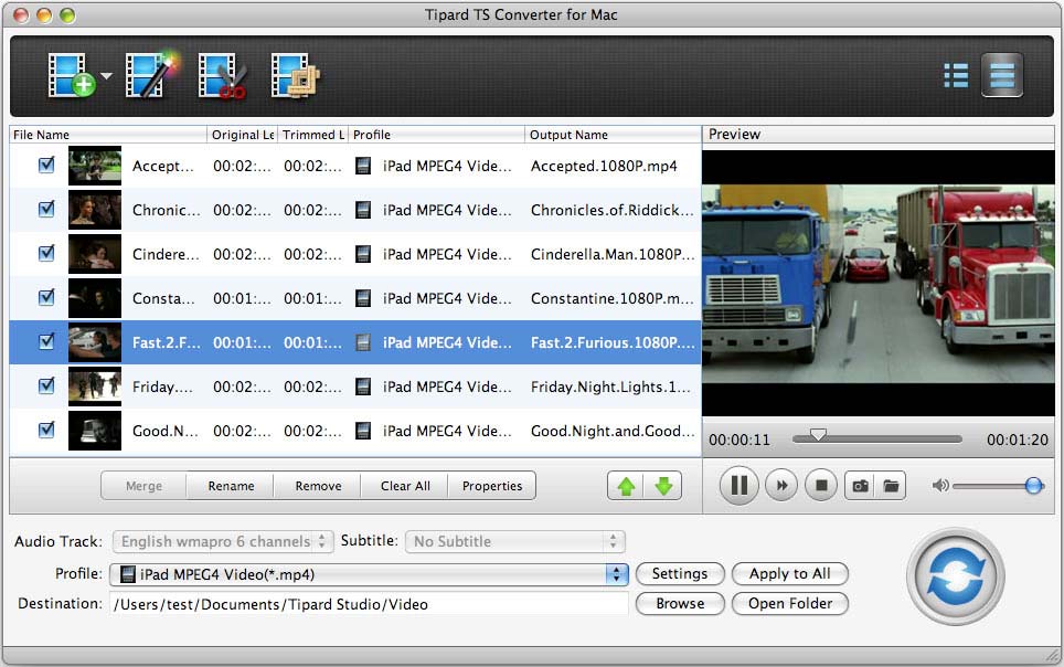 Главное окно Tipard TS Converter for Mac со списком файлов, предпросмотром, выбором профиля и папки назначения