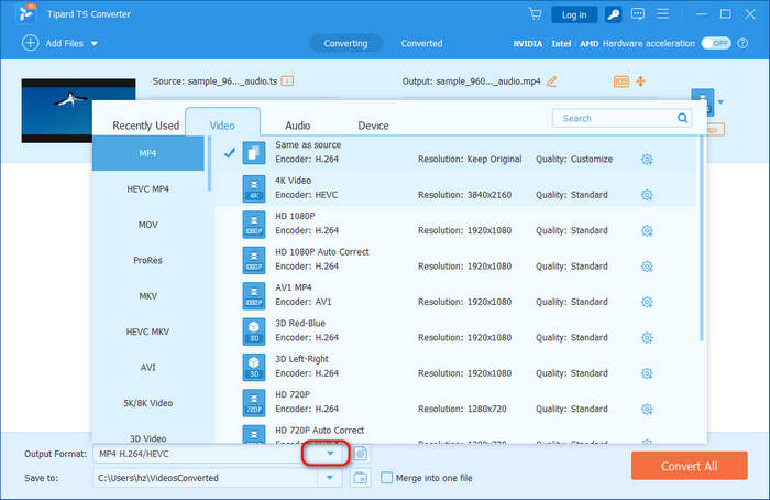 Выбор профиля Tipard TS Converter
