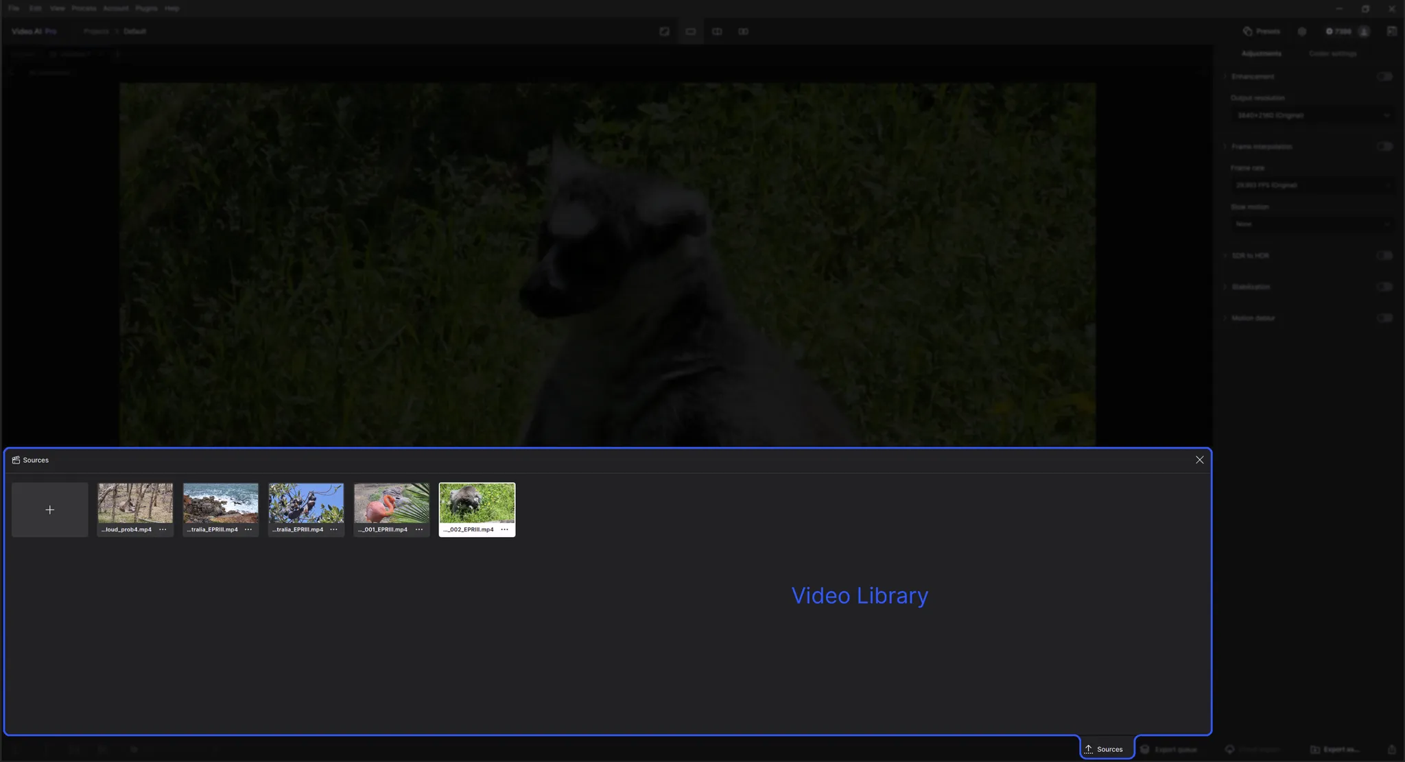 Библиотека исходников и рабочая область Topaz Video AI