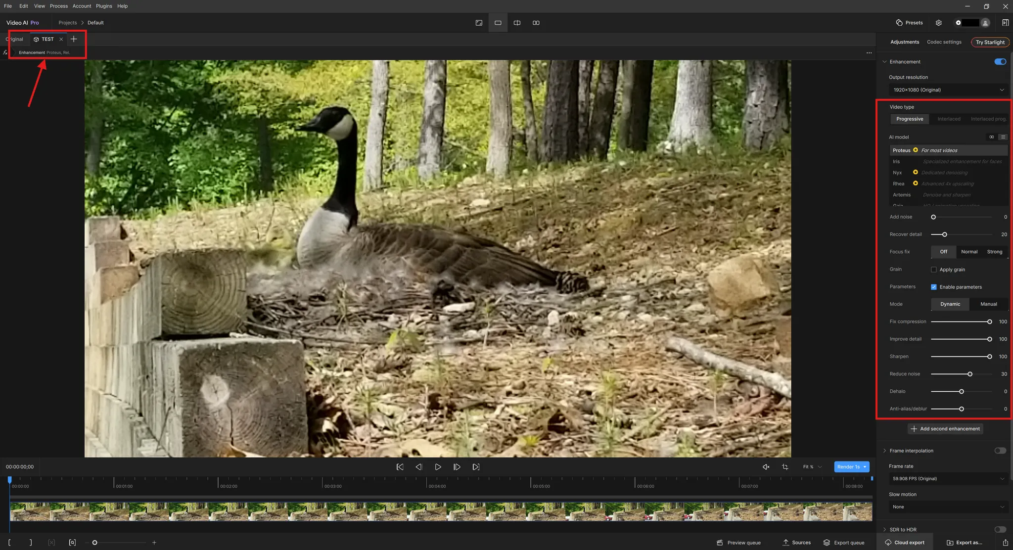 Параметры Enhancement и выбор модели в Topaz Video AI