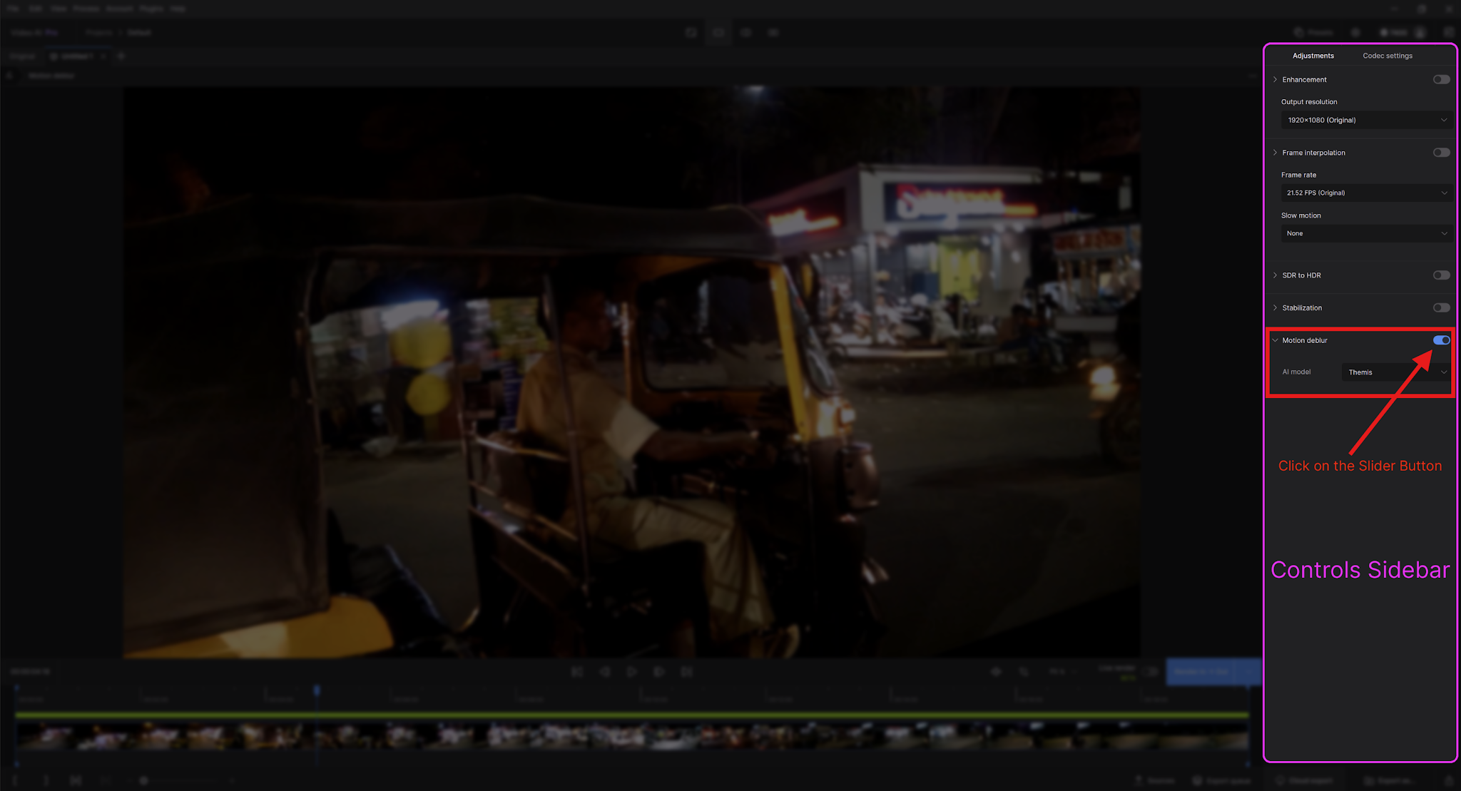 Фильтр Motion Deblur с моделью Themis в Topaz Video AI