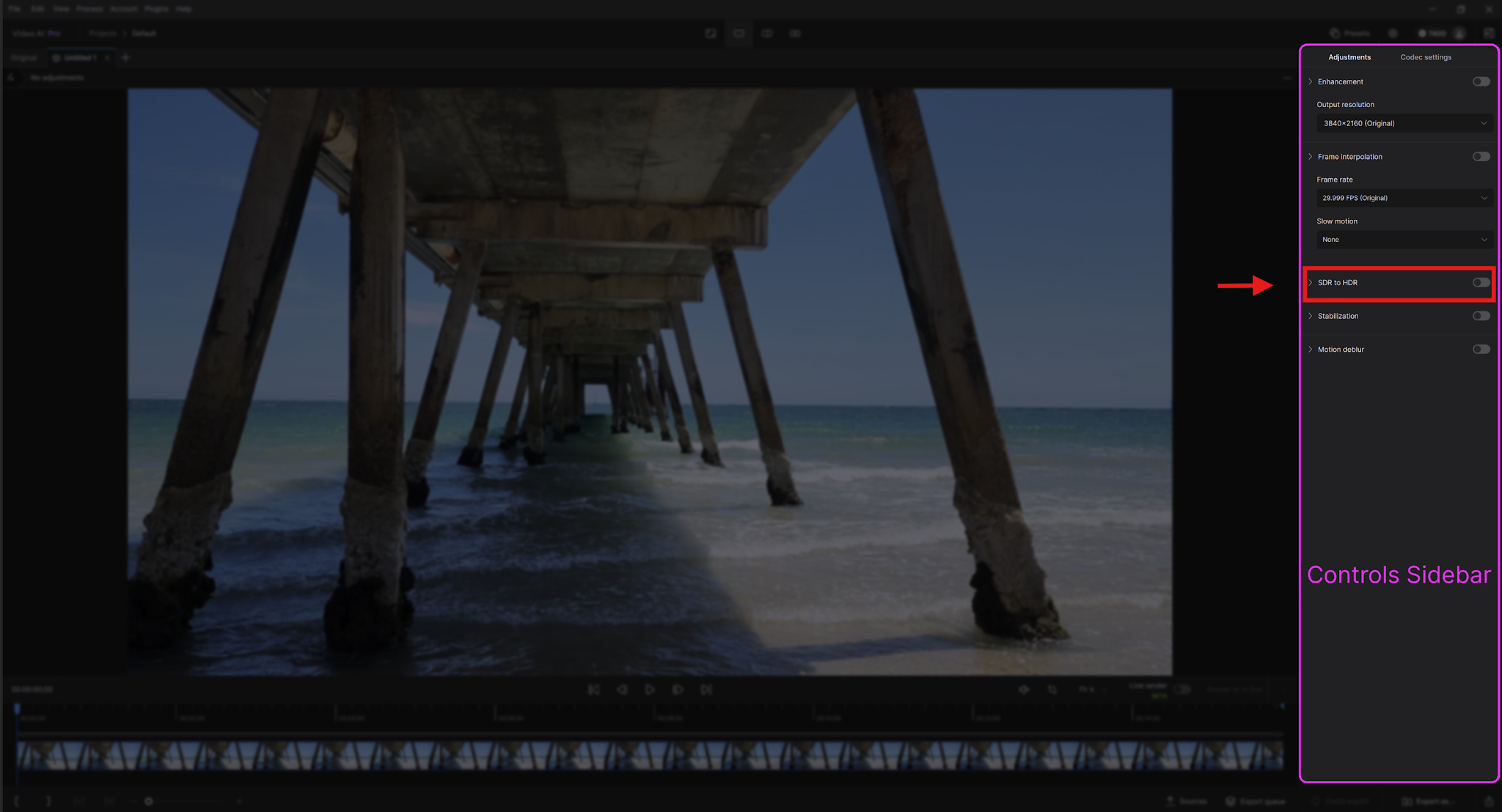 Панель SDR to HDR в Topaz Video AI