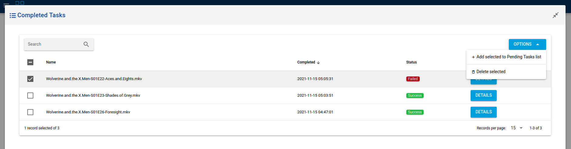 Раскрытый список Completed Tasks с успешными и неуспешными заданиями