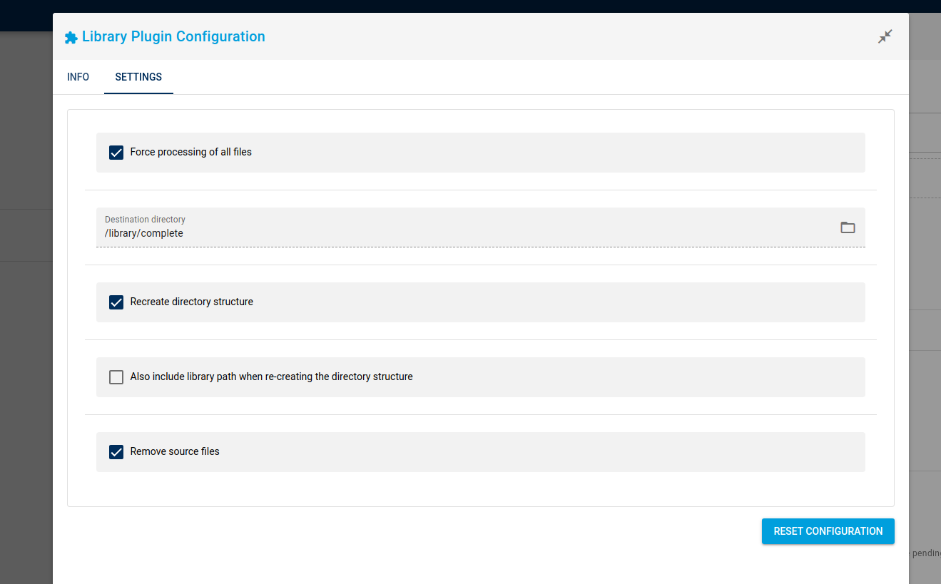 Окно Library Plugin Configuration с параметрами конкретной библиотеки