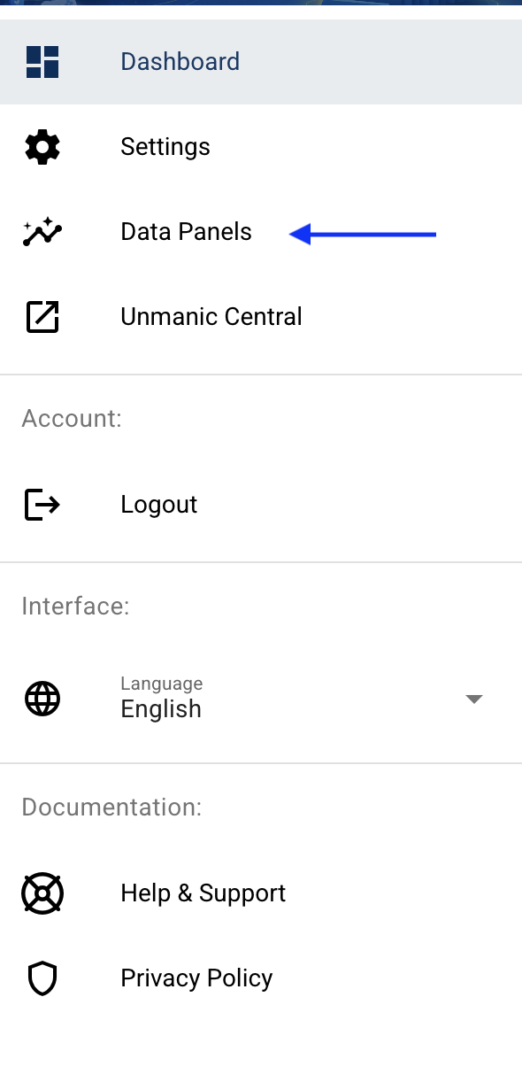 Пункт Data Panels в боковом меню Unmanic