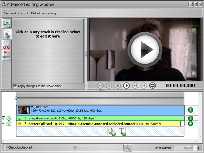 Окно Advanced editing VSO ConvertXtoVideo Ultimate с таймлайном и дорожками