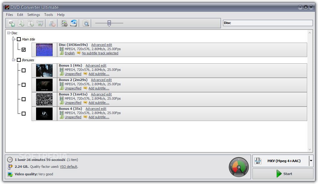 VSO DVD Converter Ultimate: главное окно с деревом DVD, основным фильмом и бонусами