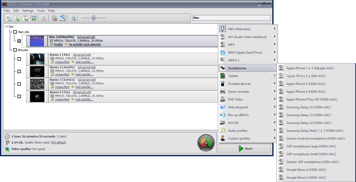 VSO DVD Converter Ultimate: выбор профиля вывода и профилей смартфонов