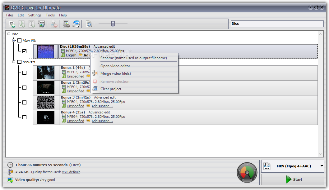 VSO DVD Converter Ultimate: контекстное меню титула с командой Open video editor