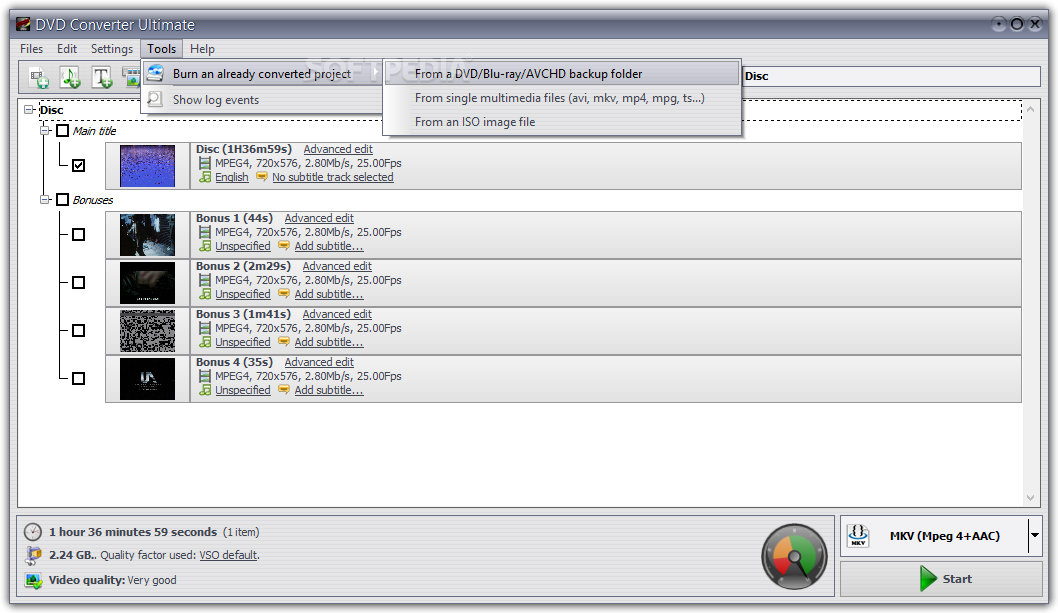 VSO DVD Converter Ultimate: меню Tools с записью готового проекта и журналом
