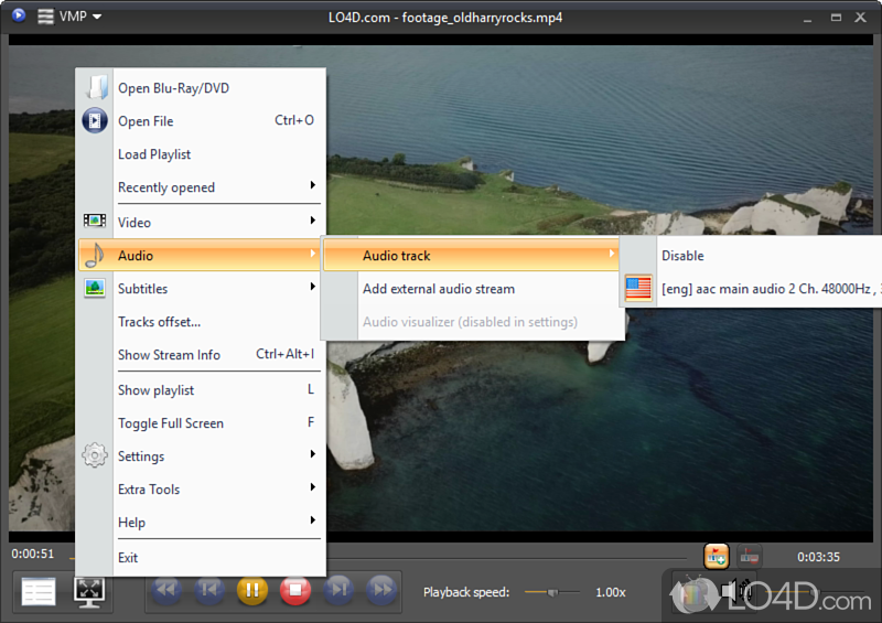 Выбор аудиодорожки в меню VSO Media Player