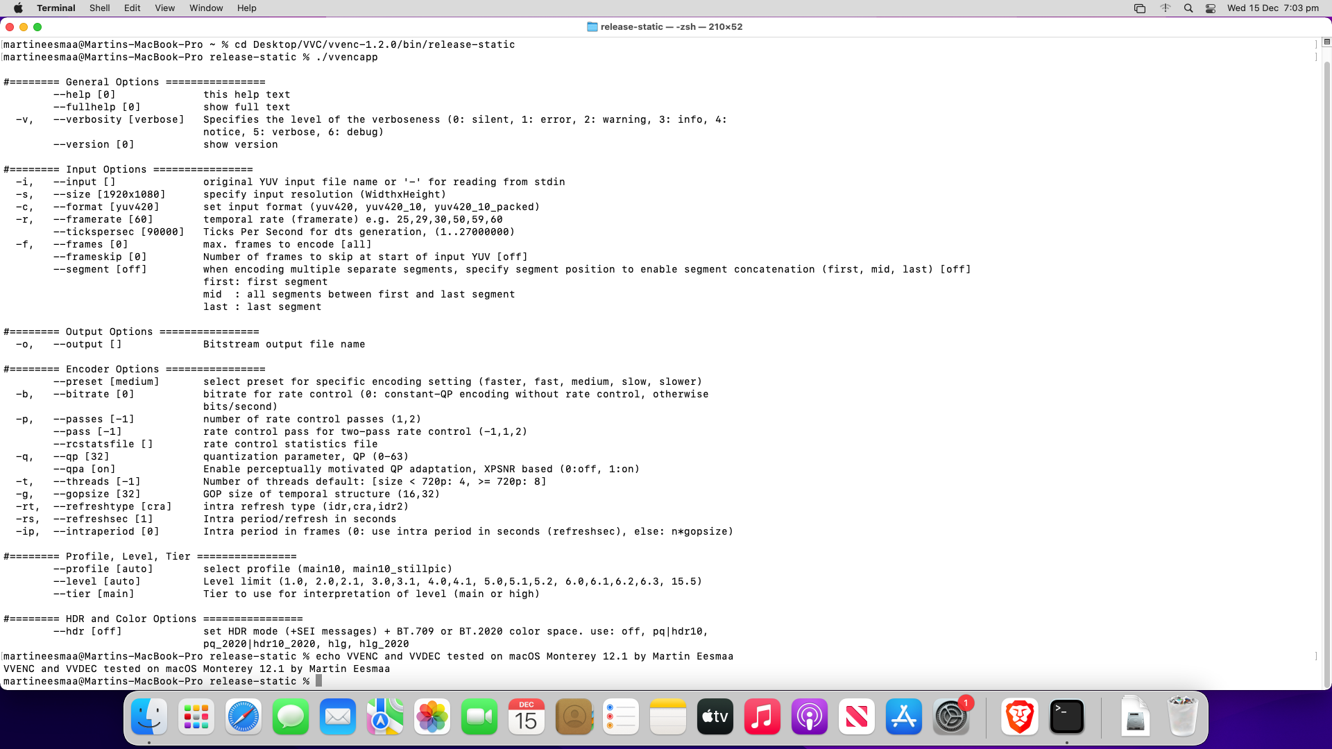 macOS: терминальный запуск ./vvencapp в тесте совместимости VVenC