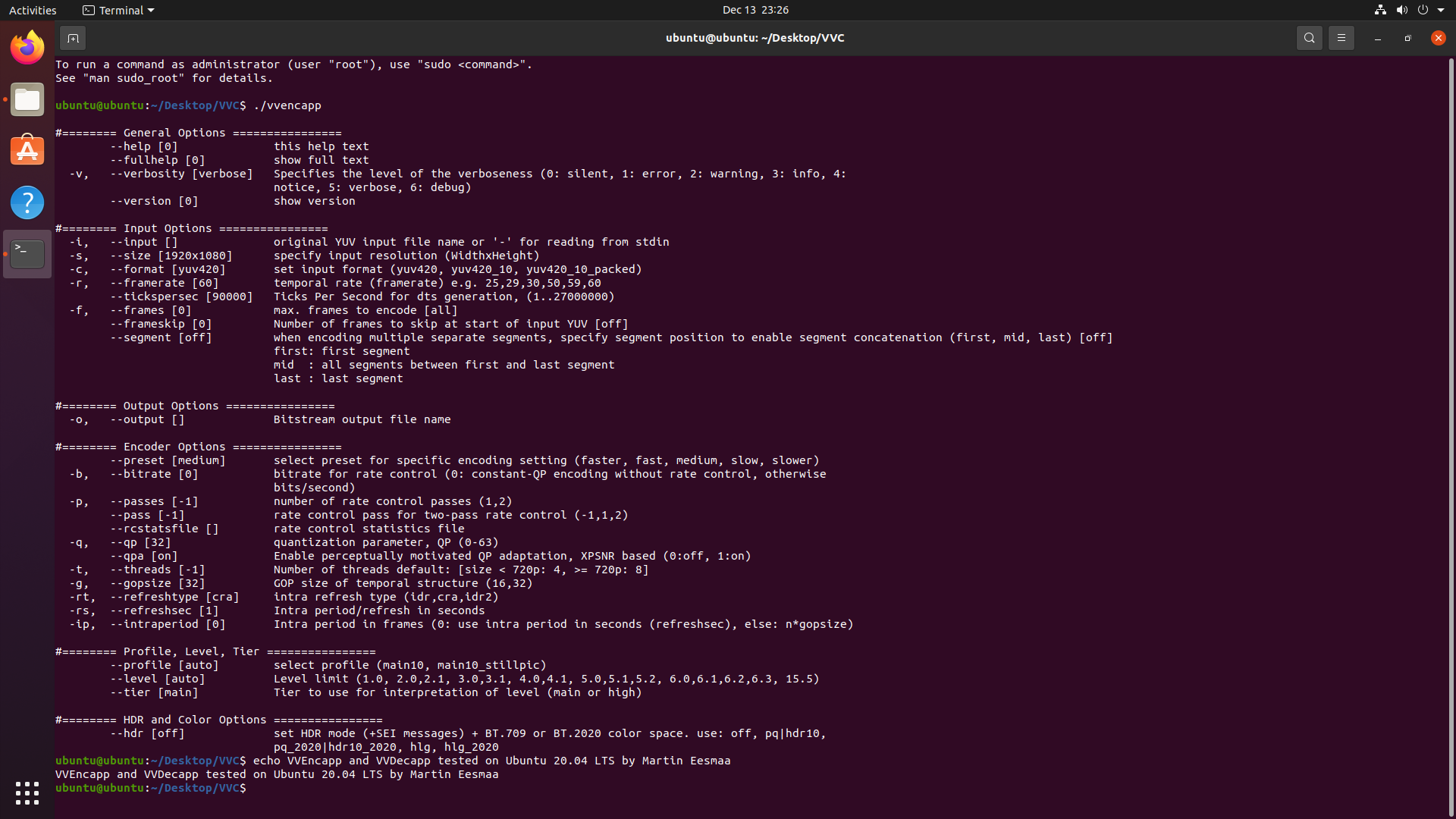 Linux/Ubuntu: терминальный запуск ./vvencapp в тесте совместимости VVenC