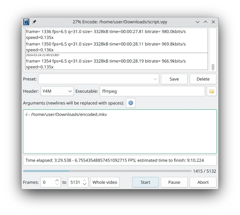 Диалог Encode в VapourSynth Editor с Y4M, FFmpeg, аргументами и индикатором прогресса