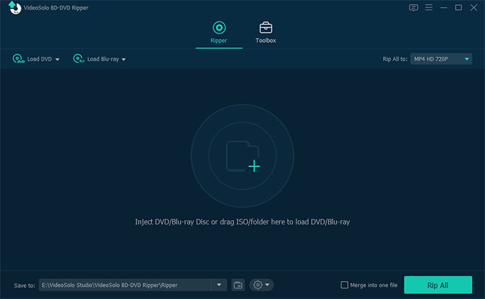 Главное окно VideoSolo BD-DVD Ripper с вкладками Ripper и Toolbox