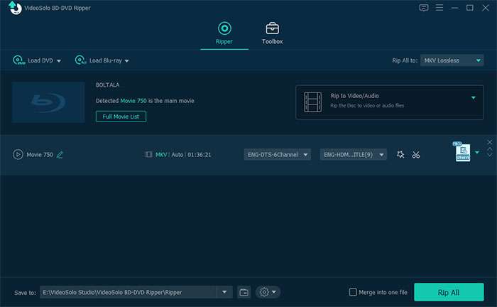 VideoSolo BD-DVD Ripper после распознавания основного фильма на диске