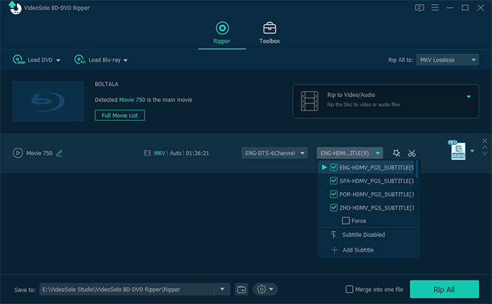 Выбор нескольких субтитров в VideoSolo BD-DVD Ripper