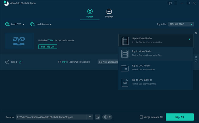Выбор Rip to Video/Audio, DVD Folder и DVD ISO File в VideoSolo BD-DVD Ripper
